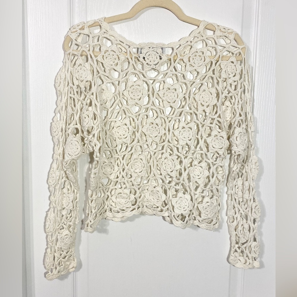 90s Crochet Floral Open Knit Cropped Sweater Vintage Cream Large - Picture 2 of 7